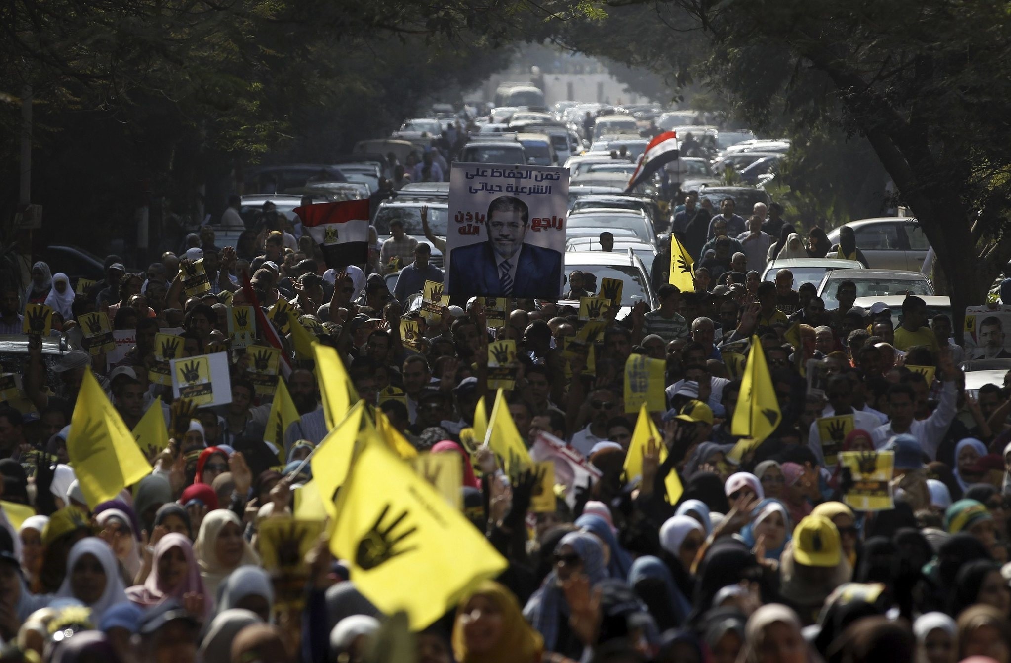 Supporters of the Muslim Brotherhood and ousted Egyptian President Mohammed Morsi take part in a protest during the mass demonstrations for democracy in the Middle East, Cairo, Nov.1, 2013. 
