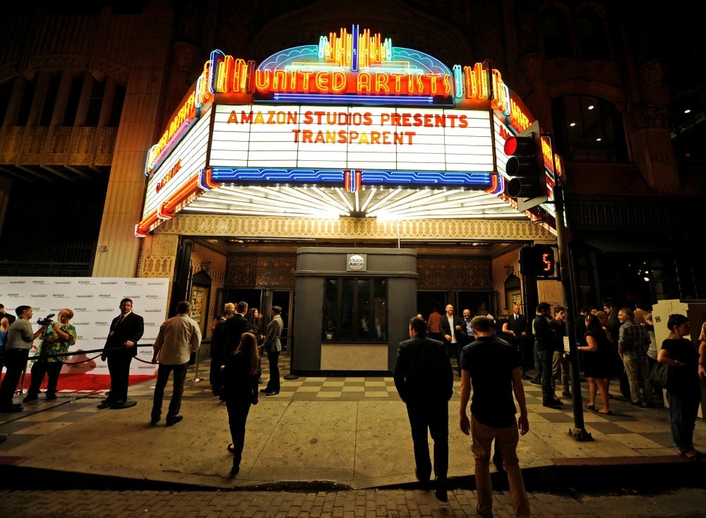 The marquee of United Artists theater is seen during Amazon's premiere screening of the TV series ,Transparent, at the Ace Hotel in downtown Los Angeles in 2014.
