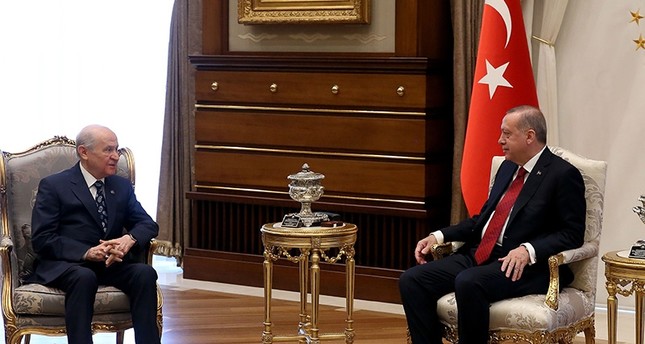 A handout picture taken and released by the Presidential Press Service on April 18, 2018, shows President Recep Tayyip Erdoğan (R) meeting with MHP Chairman Devlet Bahçeli (L) during their meeting at the Presidential Complex in Ankara (AFP Photo)