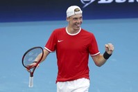 Canada's Denis Shapovalov reacts after he won his match against Stefanos Tsitsipas of Greece, Brisbane, Jan. 3, 2020. (AP Photo) 