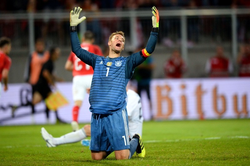 Germany's goalkeeper Manuel Neuer reacts after conceding the second Austrian goal during the international friendly footbal match Austria v Germany in Klagenfurt, Austria, on June 2, 2018. (AFP PHOTO)