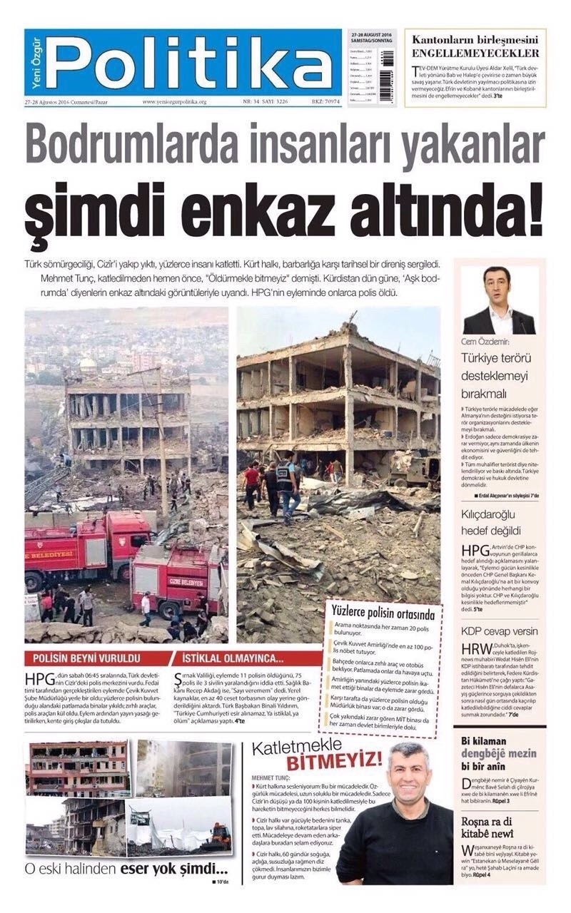 The front page of the pro-PKK Yeni Özgür Politika daily