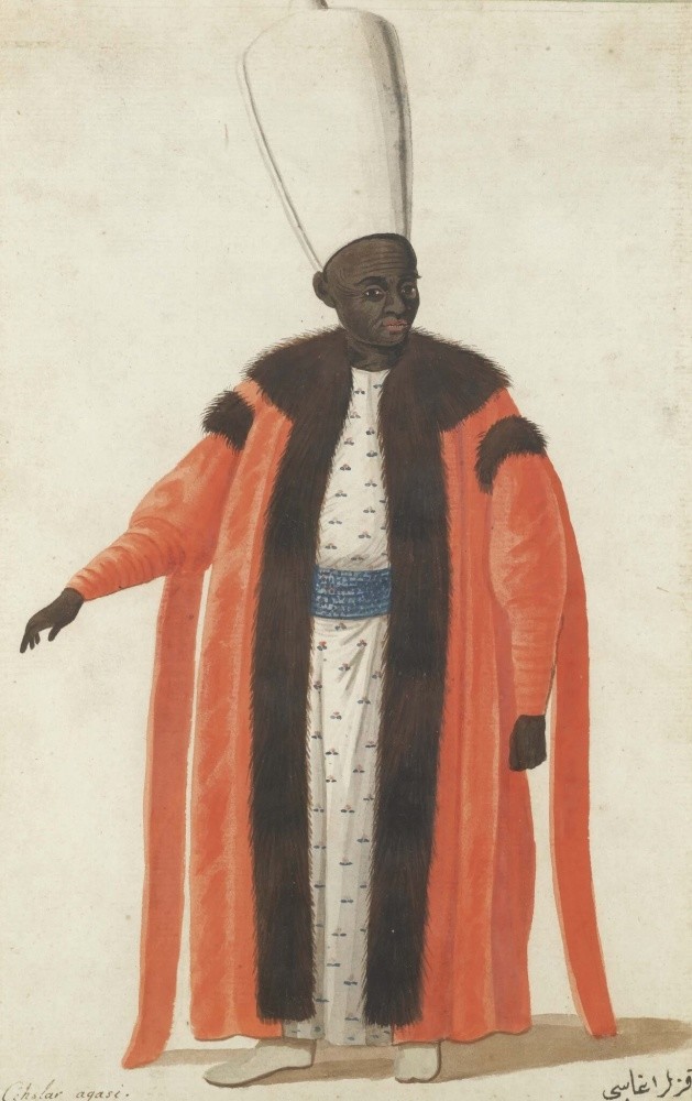 A drawing of a eunuch working at the harem of the Ottoman Imperial Palace.