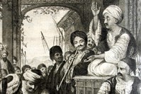 A gravure depicting an Ottoman meddah (storyteller) telling stories to a crowd.