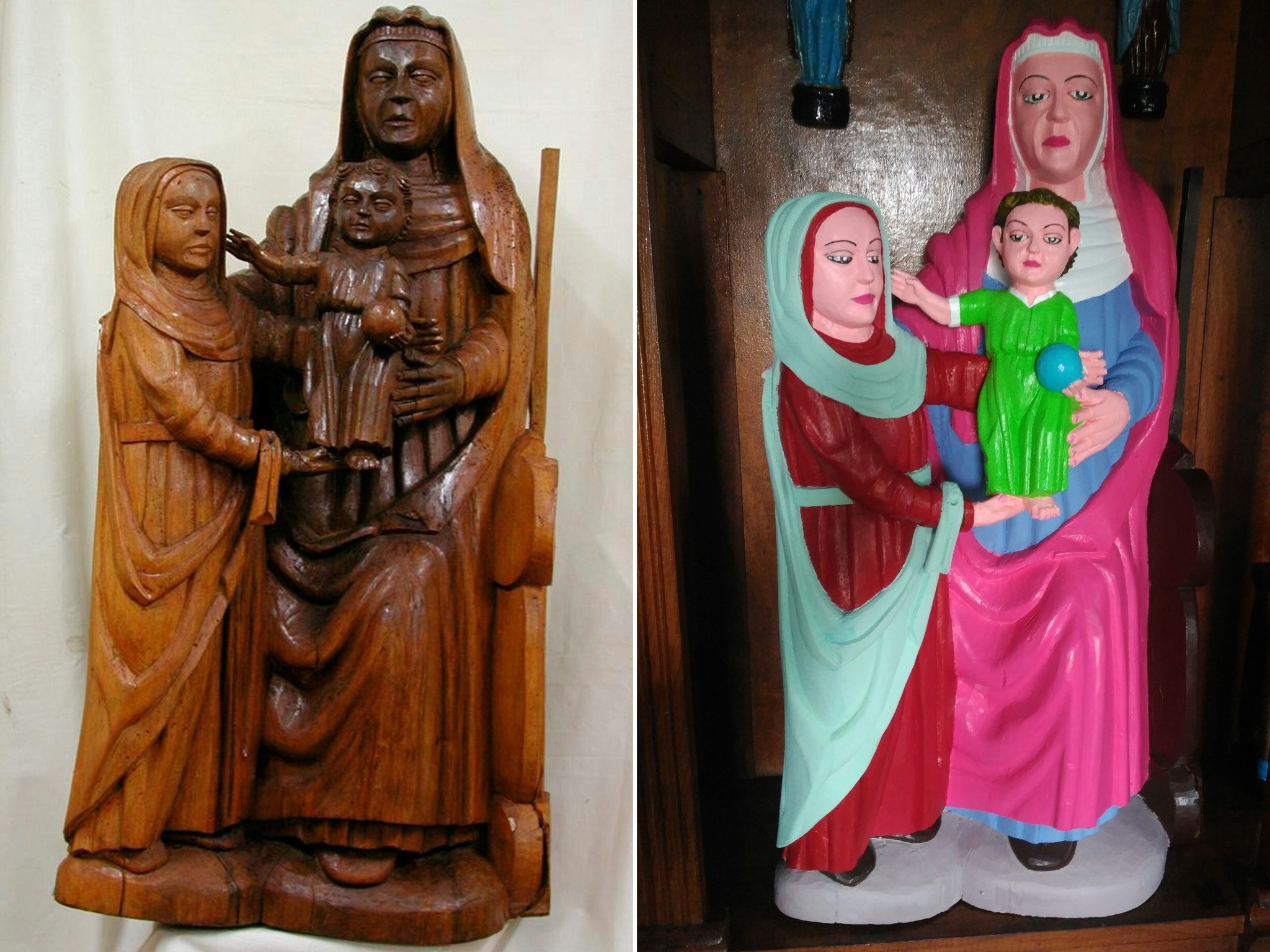 This combination of pictures created on September 07, 2018 shows a Romanesque period statue depicting Virgin Mary before and after being ,restored, by a local woman of the village of El Ranadoiro. (AFP Photo)