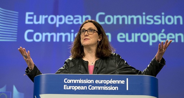 European Commissioner for Trade Cecilia Malmstroem speaks during a media conference at EU headquarters in Brussels on Wednesday, March 7, 2018 (AP Photo)