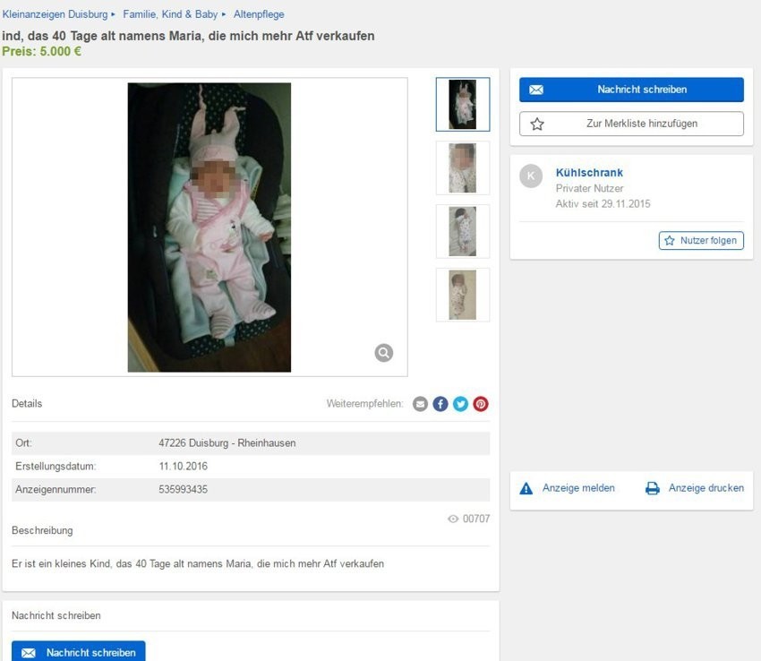 The 40-day-old girl was listed on the internet auction site at a price of 5,000 euros ($7,200)