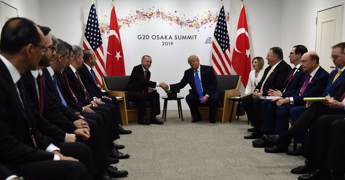 President Recep Tayyip Erdou011fan and U.S. President Donald Trump, right, shake hands at a bilateral meeting on the sidelines of the G20 Summit in Osaka, June 29, 2019.