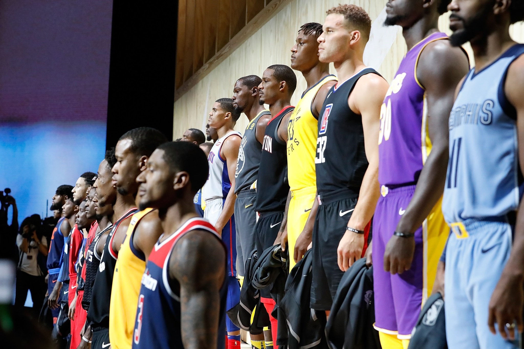 Nike unveils the new jerseys during the unveiling of the New NBA Partnership with Nike in Los Angeles.