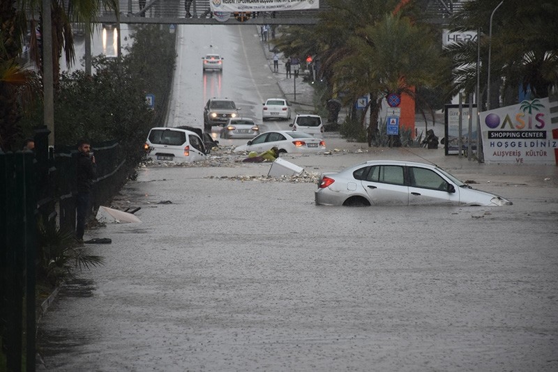 A street in Bodrum is flooded by heavy rainstorms on Nov. 29, 2018. (AA Photo)