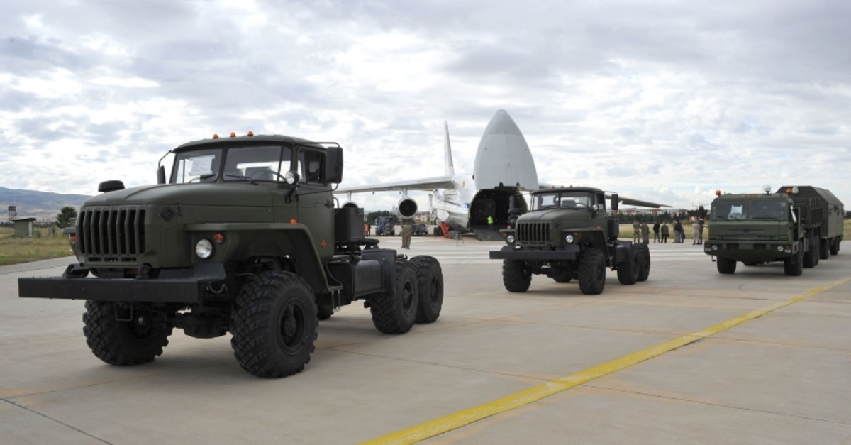 A handout photograph taken and released on July 12, 2019, by the Turkish Defence Ministry shows a Russian military cargo plane carrying S-400 missile defence system from Russia to the Murted Military Airbase (File Photo)
