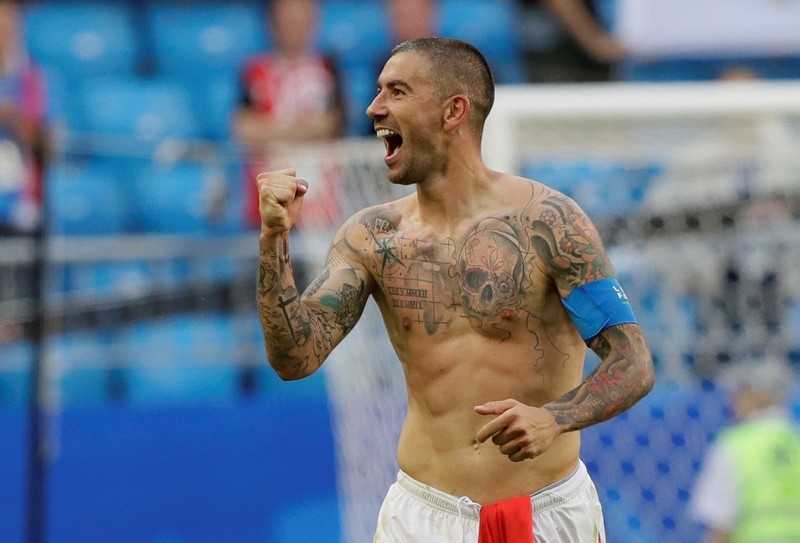 Serbia's Aleksandar Kolarov celebrates at the end of the group E match between Costa Rica and Serbia at the 2018 soccer World Cup in the Samara Arena in Samara, Russia, Sunday, June 17, 2018. (AP Photo)