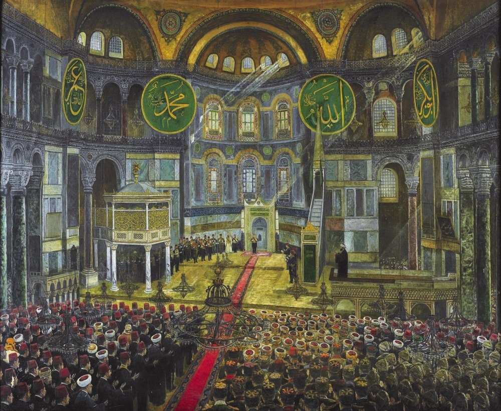 An illustration depicting an eid prayer at Hagia Sophia during the reign of the Ottomans. Back in the day, Ottoman sultans perform their eid prayers at Hagia Sophia and accept greetings at the Topkapu0131 Palace during religious holidays.