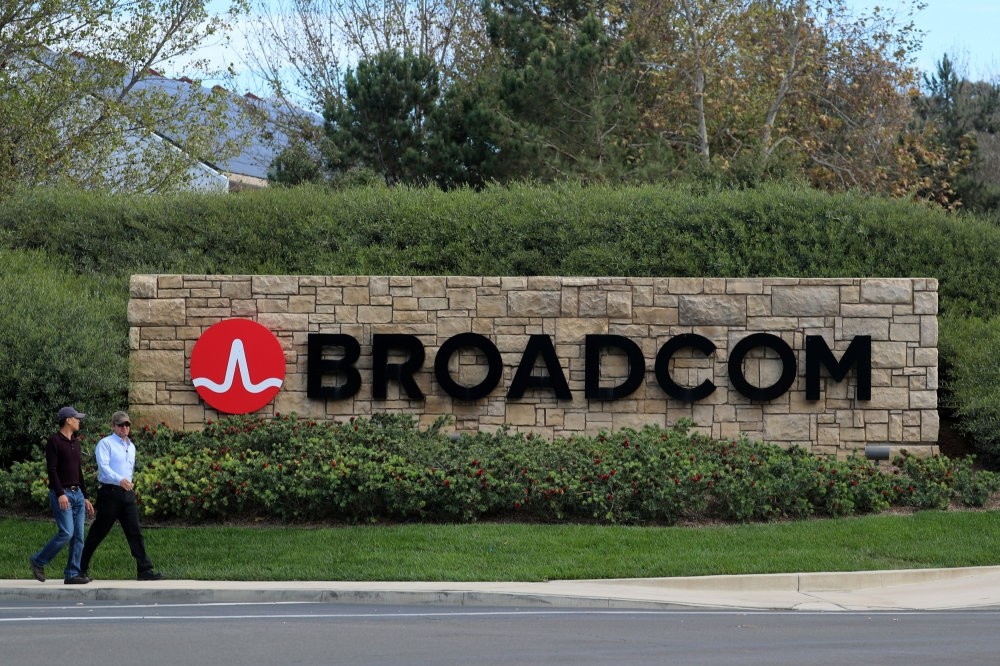A sign at the campus offices of chip maker Broadcom Ltd, which announced an unsolicited bid to buy peer Qualcomm Inc for $103 billion, is shown in Irvine, California, U.S., Nov. 6.
