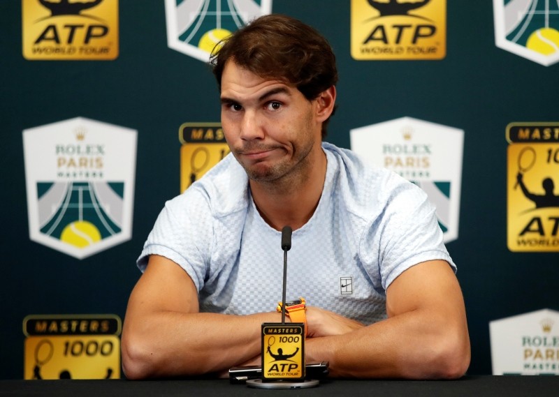Rafael Nadal of Spain talks to media as he announces his withdraw from the Paris Masters tennis tournament at the Bercy Arena in Paris, France, Wednesday, Oct. 31, 2018. (AP Photo)