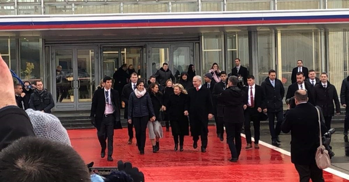 Israeli Prime Minister Benjamin Netanyahu and his wife Sara walk with Naama Issachar and her mother Yaffa at Vnukovo International Airport, Moscow, Jan. 30, 2020. (REUTERS Photo)