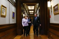 President Recep Tayyip Erdou011fan and German Chancellor Angela Merkel arrive for a press statement after a meeting in Ankara, Feb. 2. 