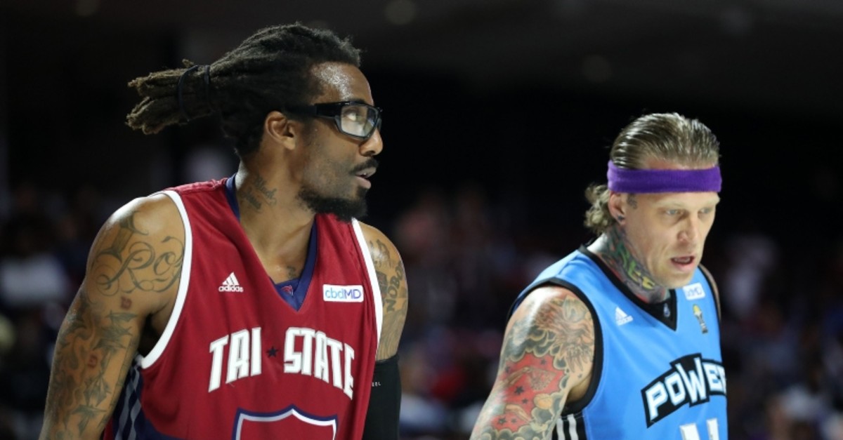 Amar'e Stoudemire #1 of the Tri State looks on from alongside Chris Andersen #11 of the Power during week two of the BIG3 three on three basketball league at at the Liacouras Center on June 30, 2019 in Philadelphia (AFP Photo)