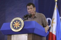 Philippine President Rodrigo Duterte delivers his speech at the San Isidro Central School, Jan. 23, 2020. (AP Photo)