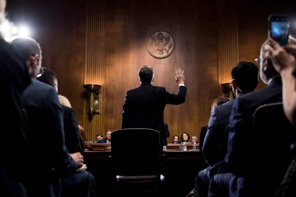 U.S. Supreme Court nominee Judge Brett Kavanaugh is sworn in before testifying at the Senate Judiciary Committee on Capitol Hill, Washington, Sept. 27.
