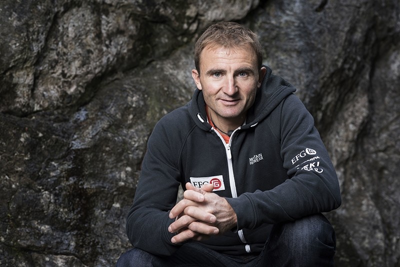 In this Sept. 11, 2015 file photo Swiss climber Ueli Steck poses for a photo at the foot of a climbing wall in Wilderswil, Canton of Berne, Switzerland (AP Photo)