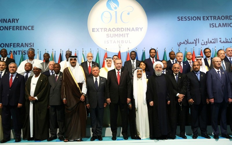 Muslim countries' leaders and observers gather for a group photo before an extraordinary summit of the Organization of Islamic Cooperation (OIC), in Istanbul, Turkey, Friday, May 18, 2018. (Turkish Presidential Press)