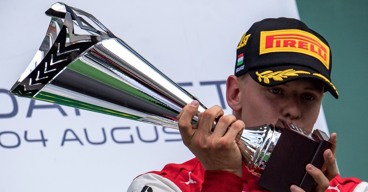 Mick Schumacher celebrates after winning the Formula Two championship race of the Hungarian Grand Prix in Mogyorod near Budapest, Hungary, Aug. 4, 2019.