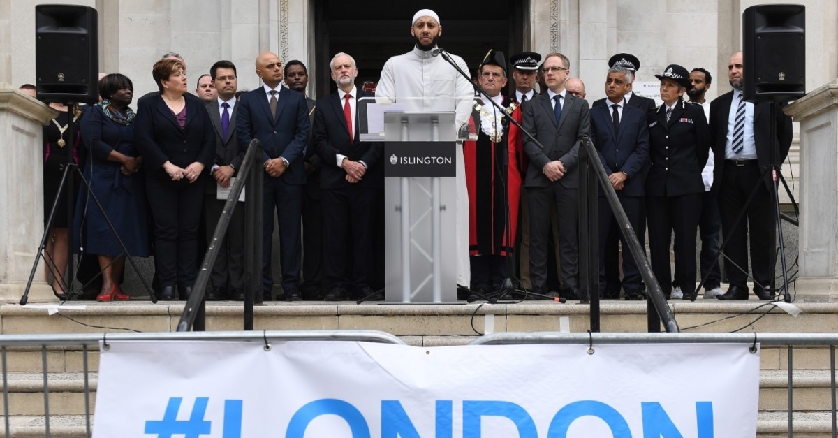 Imam Mohammed Mahmoud, center, speaks during a service to mark the first anniversary of the Finsbury Park terror attack, in London, U.K., June 19, 2018. (EPA Photo)
