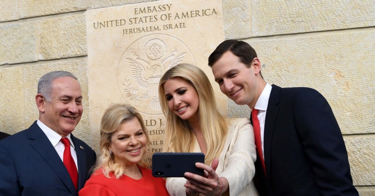 Trumpu2019s daughter Ivanka Trump (3rd L), Israeli PMu2019s wife Sara Netanyahu (2nd L), Trumpu2019s son-in-law and Senior Advisor Jared Kushner (R) and Israelu2019s PM Benjamin Netanyahu (L) attend the opening of the U.S. Embassy in Jerusalem, May 14, 2018.