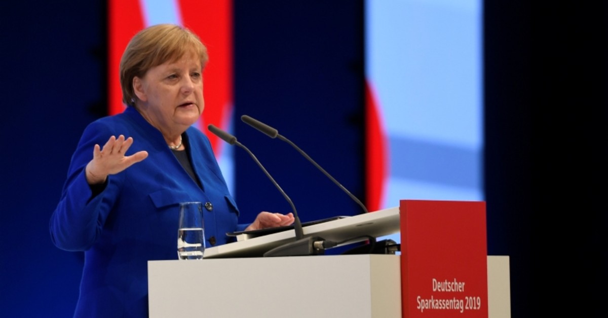 German Chancellor Angela Merkel delivers her speech at the annual meeting of the German Sparkasse bank (Deutscher Sparkassentag) in Hamburg, Germany May 15, 2019. (Reuters Photo)