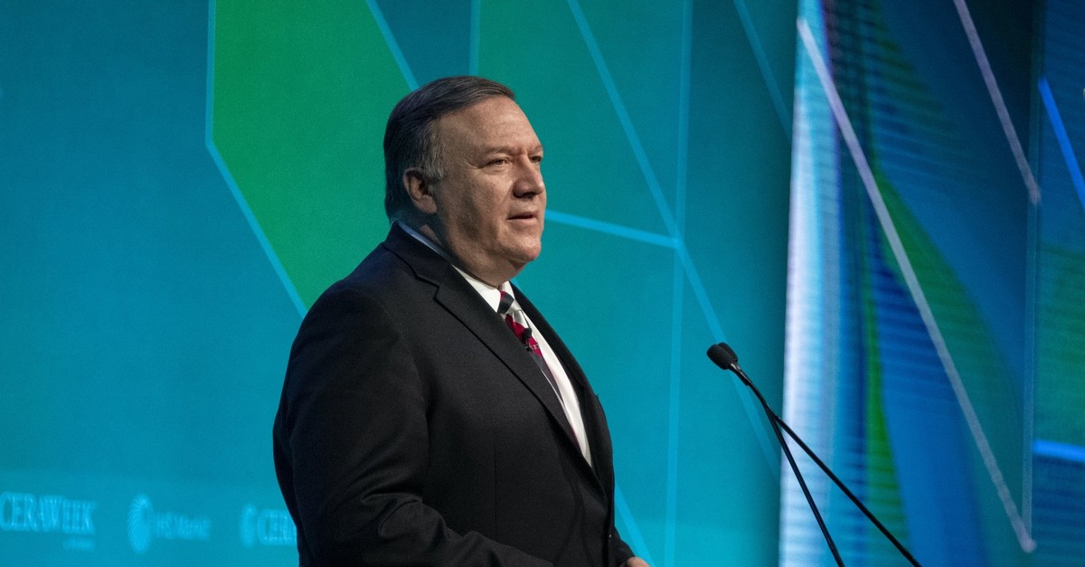 U.S. Secretary of State Mike Pompeo delivers a speech at CERAWeek in Houston, Texas, March 12, 2019.