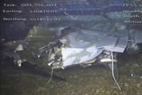 This still made from video provided by the Air Accidents Investigation Branch showing the wreckage of the plane which crashed into the Channel on Jan. 21, 2019 killing footballer Emiliano Sala. (AAIB via AP)