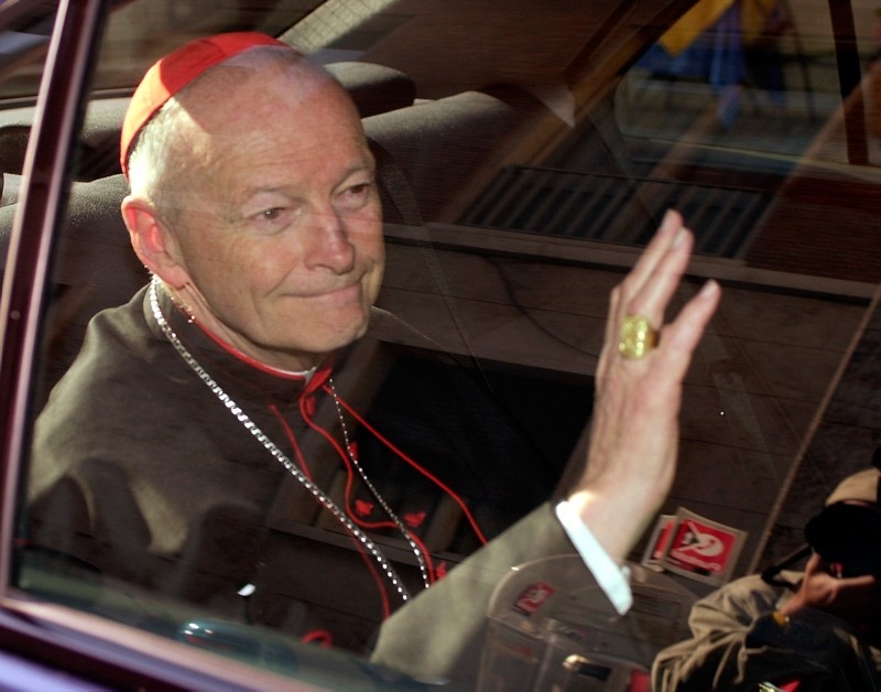 In this April 23, 2002 file photo Cardinal Theodore McCarrick of the Archdiocese of Washington, waves as he arrives at the Vatican in a limousine. (AP Photo)