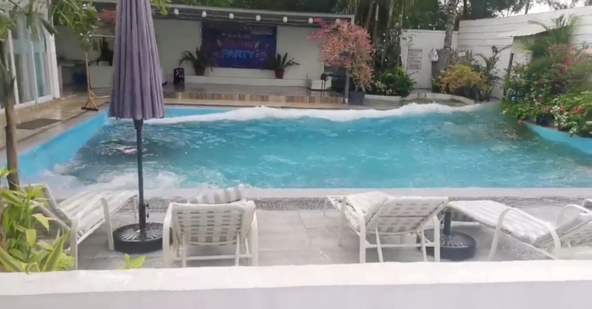Water in hotel pool splashes during an earthquake in General Santos City, Philippines December 15, 2019 in this still image obtained from social media video. (Reuters Photo)