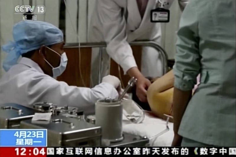 In this Sunday, April 22, 2018 image taken from video footage by China's CCTV via AP Video, an injured passenger receives medical treatment at a hospital following a bus accident in North Hwanghae province, south of Pyongyang, North Korea. (AP Photo)