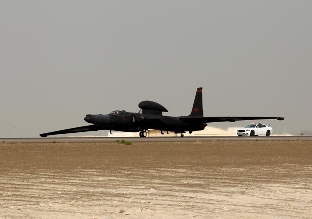A U.S. Air Force U-2 Dragon Lady from 380th Air Expeditionary Wing lands at an undisclosed location in the Middle East after a mission in support of Operation Inherent Resolve on March 13. Reuters Photo