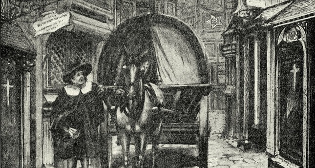 رسم يمثل عربة الموت التي كانت تنقل ضحايا الطاعون في لندن