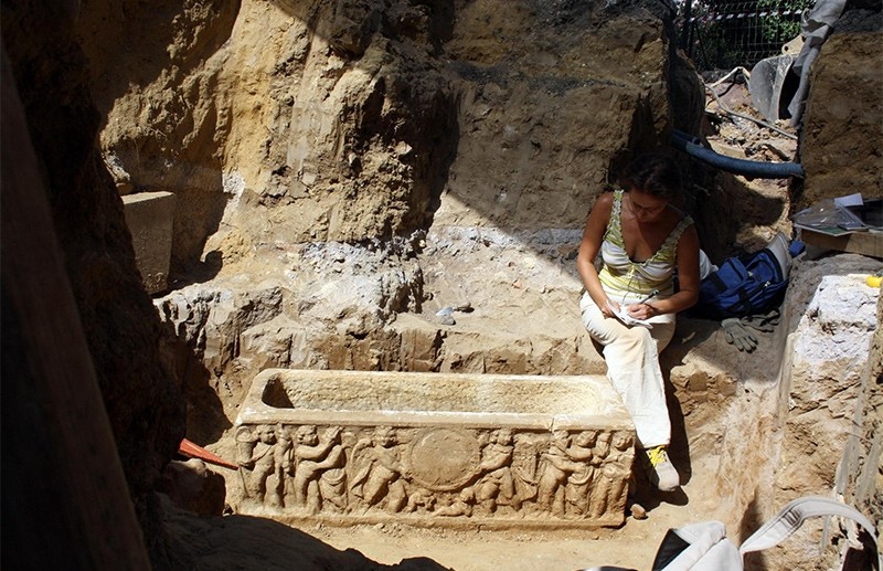 A handout photo made available by the Rome Press Office shows that two Roman sarcophagi have been found during work to place pipes near the Olympic Stadium, in Rome, 23 August 2017