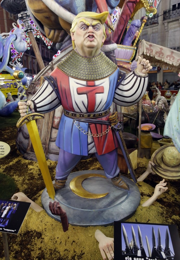 A figuring representing U.S. President Donald Trump as a warrior of the Crusades. 