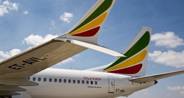 The winglet of an Ethiopian Airlines Boeing 737 Max 8 is seen as it sits grounded at Bole International Airport in Addis Ababa, Ethiopia Saturday, March 23, 2019. (AP Photo)
