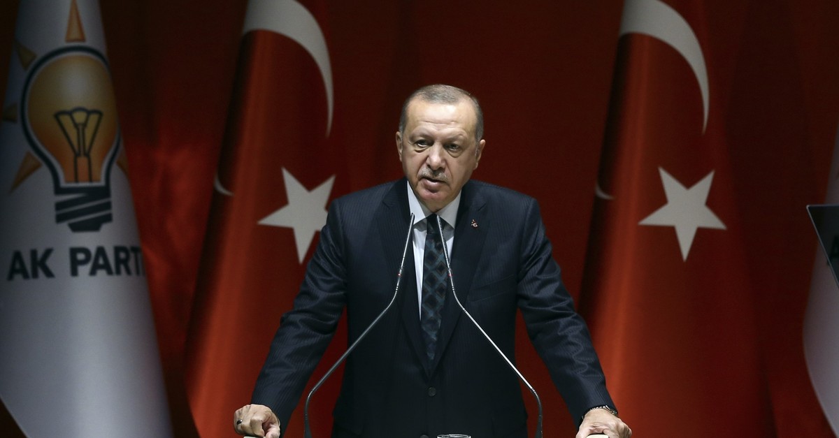 President Recep Tayyip Erdou011fan speaking at the ruling Justice and Development Partyu2019s (AK Party) provincial heads meeting in the capital Ankara, Oct. 10, 2019.
