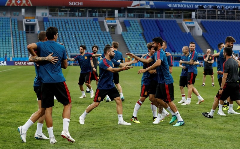 Spain's players take part during Spain's official training on the eve of the group B match between Portugal and Spain at the 2018 soccer World Cup in the Fisht Stadium in Sochi, Russia, Thursday, June 14, 2018. (AP Photo)