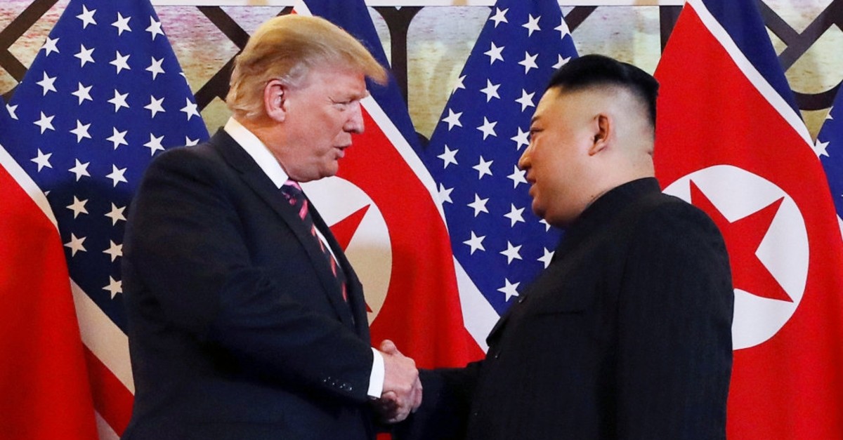 U.S. President Donald Trump and North Korean leader Kim Jong Un shake hands at the Metropole Hotel, Hanoi, Feb. 27, 2019.