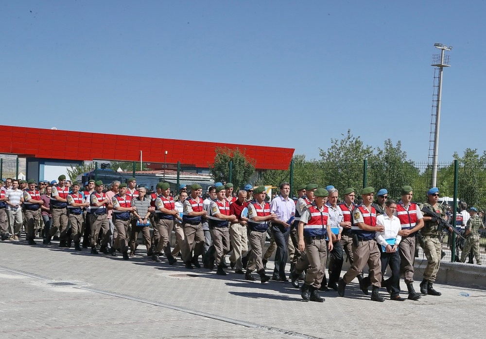 Gendarmes escort defendants in the Aku0131ncu0131 air base coup trial, to the courtroom for a 2017 hearing in the capital Ankara.