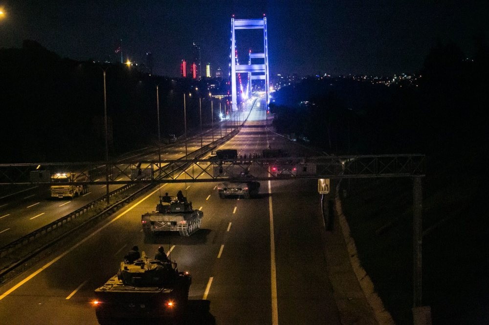 Tanks commanded by putschists head to the Fatih Sultan Mehmet Bridge on July 15, 2016.