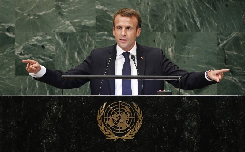 French President Emmanuel Macron reacts as he waits to be introduced to address the General Debate of the General Assembly of the United Nations at United Nations Headquarters in New York, September 25, 2018. (EPA Photo)