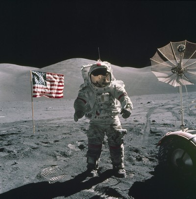 |Eugene Cernan standing near the lunar rover on the moon on 12 Dec. 1972