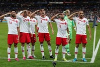 Turkish players salute after Kaan Ayhan scores first goal in a Euro 2020 qualifier against France, Saint-Denis, Oct. 14, 2019. (REUTERS Photo) 