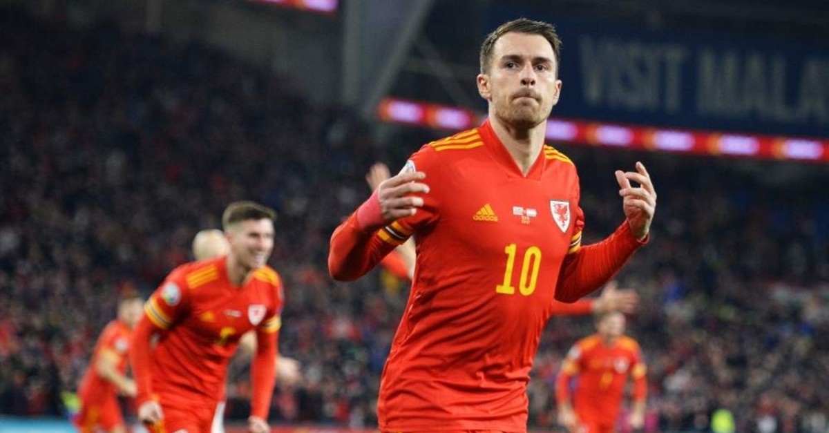Ramsey celebrates after scoring two goals during the qualification match between Wales and Hungary in Cardiff, Nov. 19, 2019. (EPA)