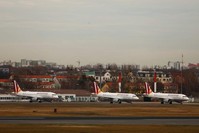 Airplanes wait on the tarmac during a strike of cabin crew employees of German airline Germanwings called by German cabin crew union UFO at Tegel Airport, Berlin, Germany, Dec. 30, 2019. (Reuters Photo)